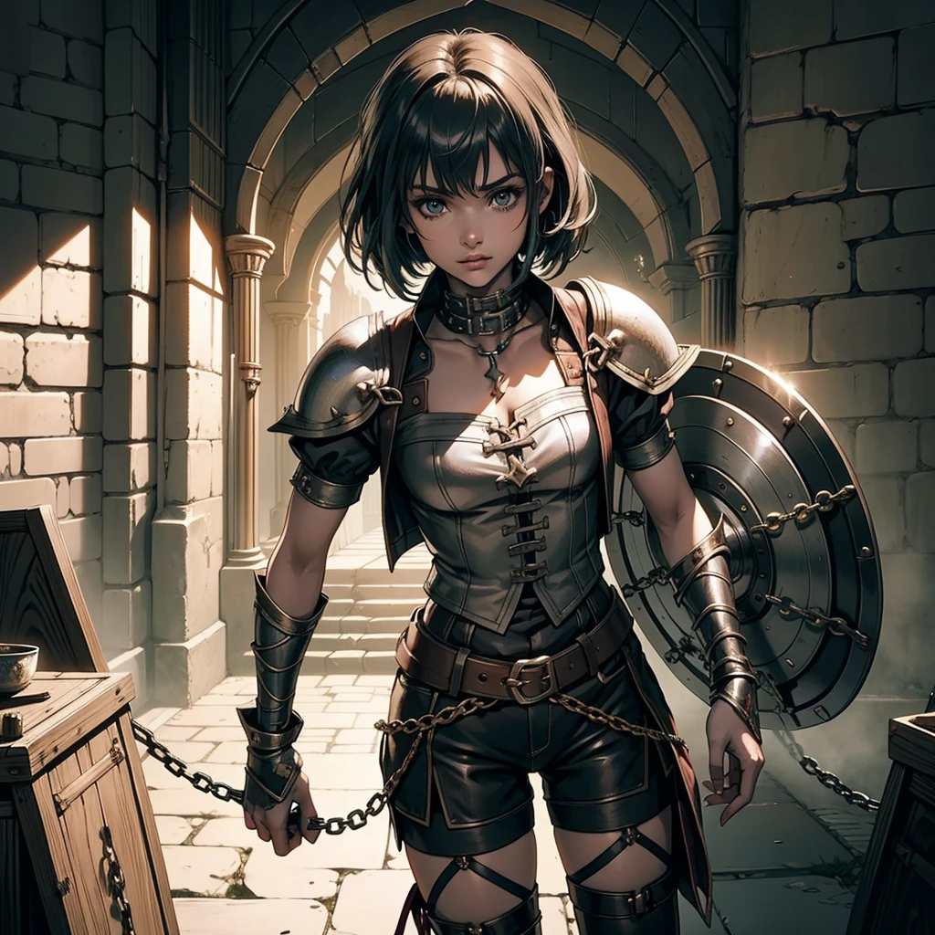 最high quality、high quality、Wearing chain mail、10Year-old girl adventurer、Climb the dungeon stairs、Shorts and spats、Equipped with a dagger and a leather shield、Inside the dim labyrinth