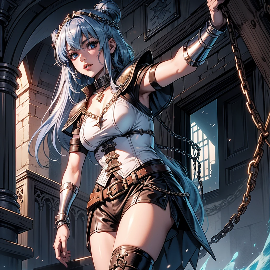最high quality、high quality、Wearing chain mail、10Year-old girl adventurer、Climb the dungeon stairs、Shorts and spats、Equipped with a dagger and a leather shield、Inside the dim labyrinth