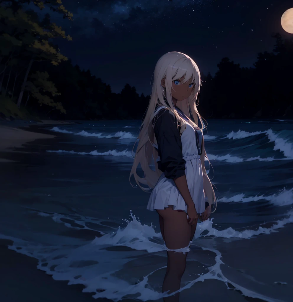 a woman with long blonde hair is standing on a beach by the sea, 1girl, solo, dark skin, dark-skinned female, swimsuit, blue eyes, jewelry, bikini, white hair