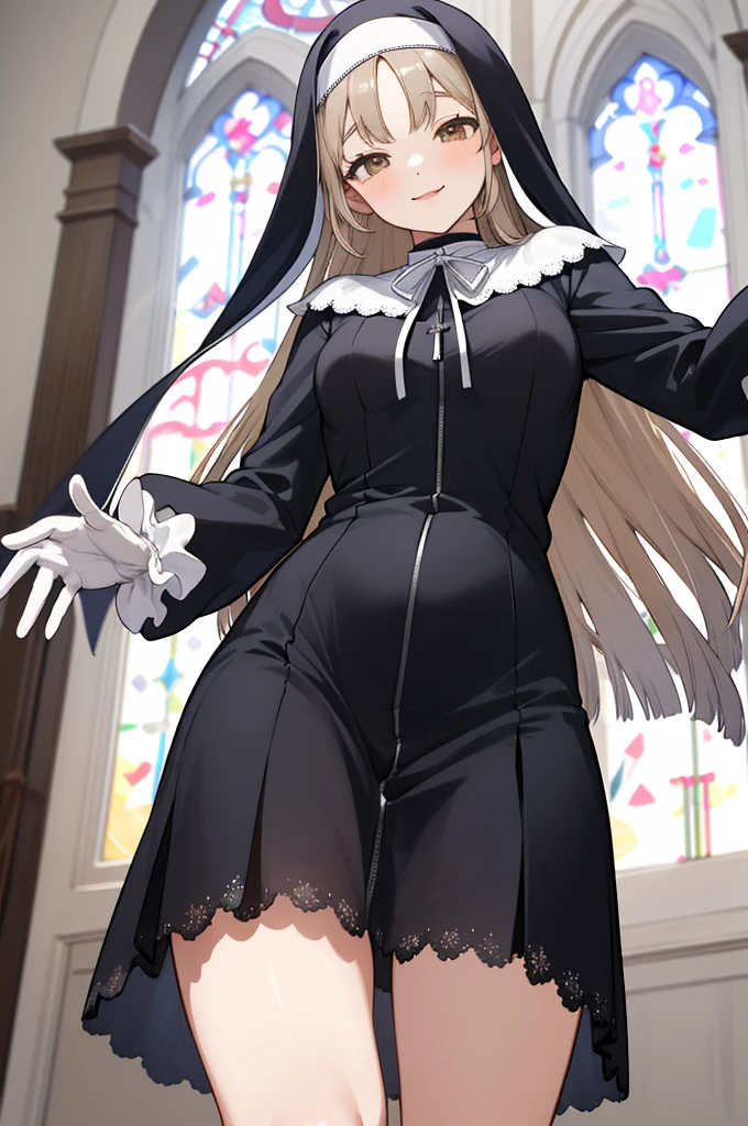 masterpiece, best quality, highres, aasister, long hair, nun, habit, white capelet, neck ribbon, (lace black short dress,see through:1.2), long sleeves, white gloves, full-length zipper, church, indoors, standing,,,looking viewer,smile,(((from below,nsfw)))