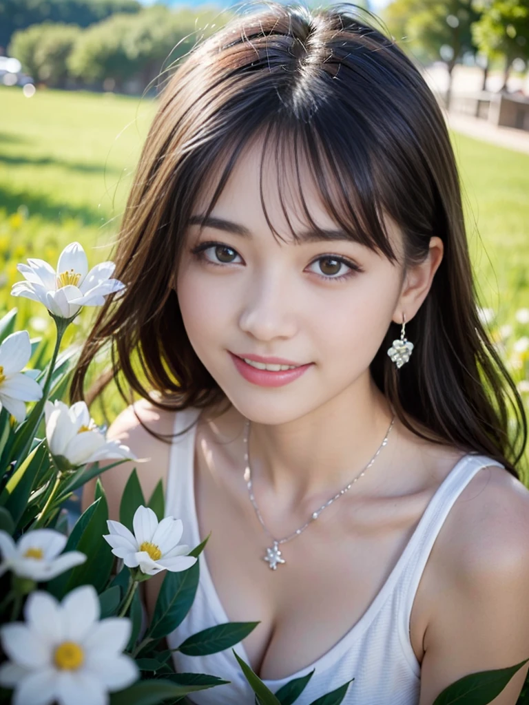 (((unity 32k wallpaper,Raw photo,At 32K、Super highest resolution、Super best image quality、super highest quality、32K resolution、photorealistic1.5、Sharpest image quality、clear image、Masterpiece、People photography:1.photorealistic, masterpiece: 1.hotorealistic、sharp focus、high definition,An illustration、Super fine、Fine、perfect dynamic composition、))),An award-winning illustration、(intricate details: 1.2)、(Delicate details)、(cinematic light、bloom、sunshine、ray tracing、detailed shadows)、clear lines、sharp focus、official art、incredibly absurd、huge file size、Super detailed、very detailed、very delicate and beautiful、RAW photo、light shines on your face、Depth of bounds written、solo focus、(Wind:1.1)、1 girl、smile、(Standing position:1.2)、(big breasts、cleavage)、(detailed face、beautiful eyes、beautiful detailed lips、long eyelashes、realistic skin、white skin、delicate skin texture、long hair)、small earrings、pendant))、((null、grassland、sea of flowers))、pureerosface_v1、ulzzang-6500-v1.1、(((squat、smile、picking flowers)))