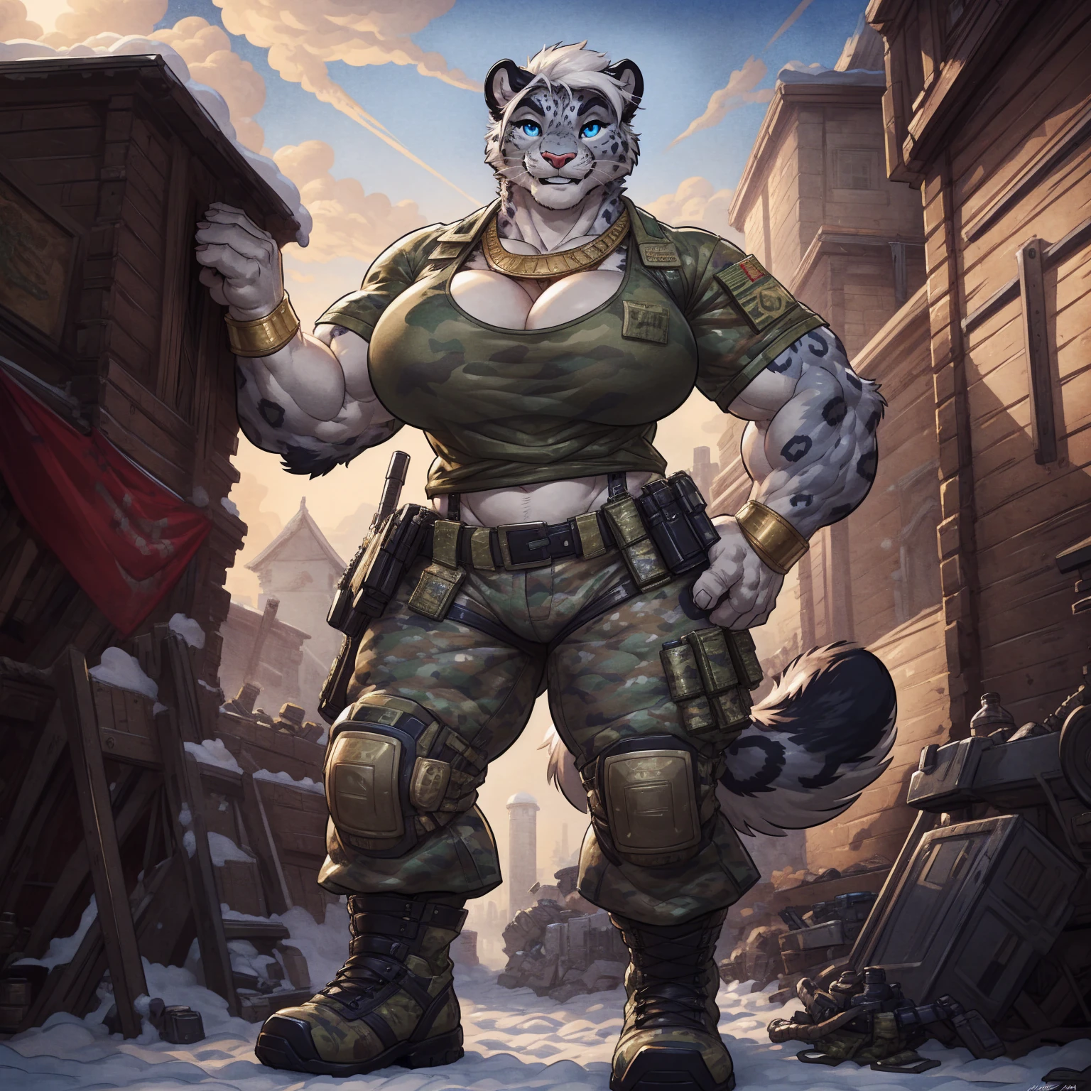 solo, 1girl, snow leopard, white hair, blue eyes, female, buff, muscular, huge breasts, gold eyes, highly detailed eyes, Amazon, wearing camouflage_uniform, (urban uniform:1.2), military camp, rolled sleeves, shirt, trousers, cleavage, standing upright, combat boots, full body, smiling, friendly, looking at viewer, realistic lighting, by darkgem, by wfa, by bng,