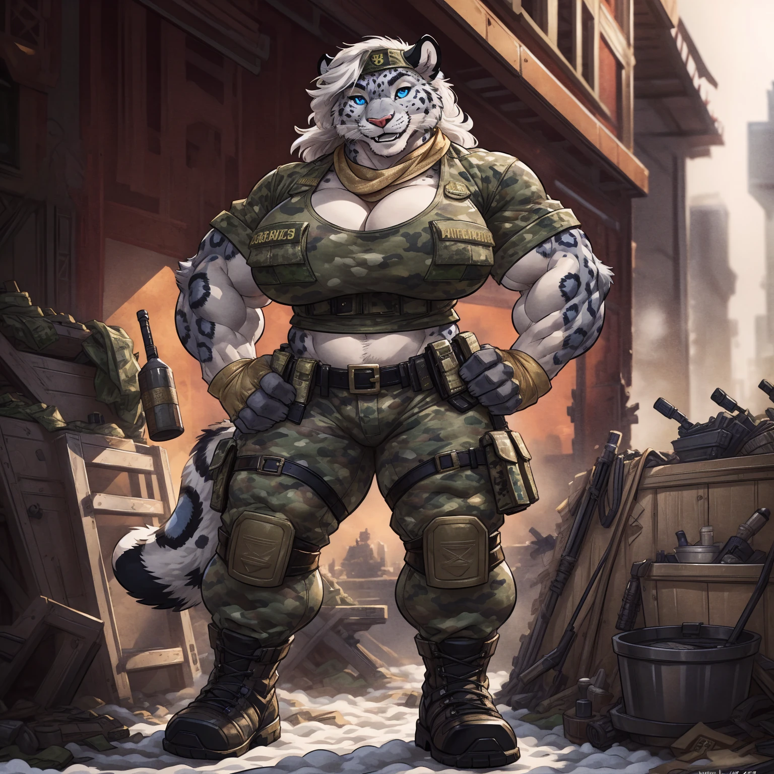 solo, 1girl, snow leopard, white hair, blue eyes, female, buff, muscular, huge breasts, gold eyes, highly detailed eyes, Amazon, wearing camouflage_uniform, (urban uniform:1.2), military camp, rolled sleeves, shirt, trousers, cleavage, standing upright, combat boots, full body, smiling, friendly, looking at viewer, realistic lighting, by darkgem, by wfa, by bng,