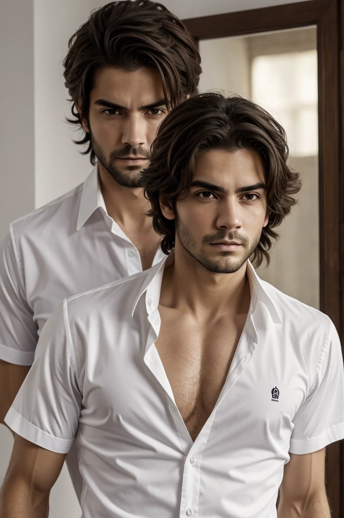 Asesino muy peligroso, rubio, pelo semi largo, ojos claros y cara muy perfecta, muy apuesto, con una camisa blanca manchada de sangre