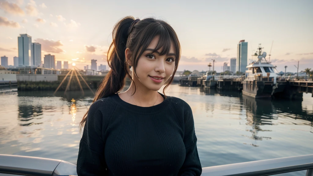 The Sunset City actress is a very beautiful Western adult woman. Sorriso feliz.rosto sexy, (Hair tied in a ponytail),(The bangs are transparent fringes), wears a black sweatshirt (grampo、rabo de cavalo、Cabelo flutuante、),.(super accent: 1.3), use the sunset like lighting, cinematic light, (mesa, maximum quality, ultra high resolution output image,), (8k quality,), (marine art mode 2: 1.3), (UltraHD image mode,)