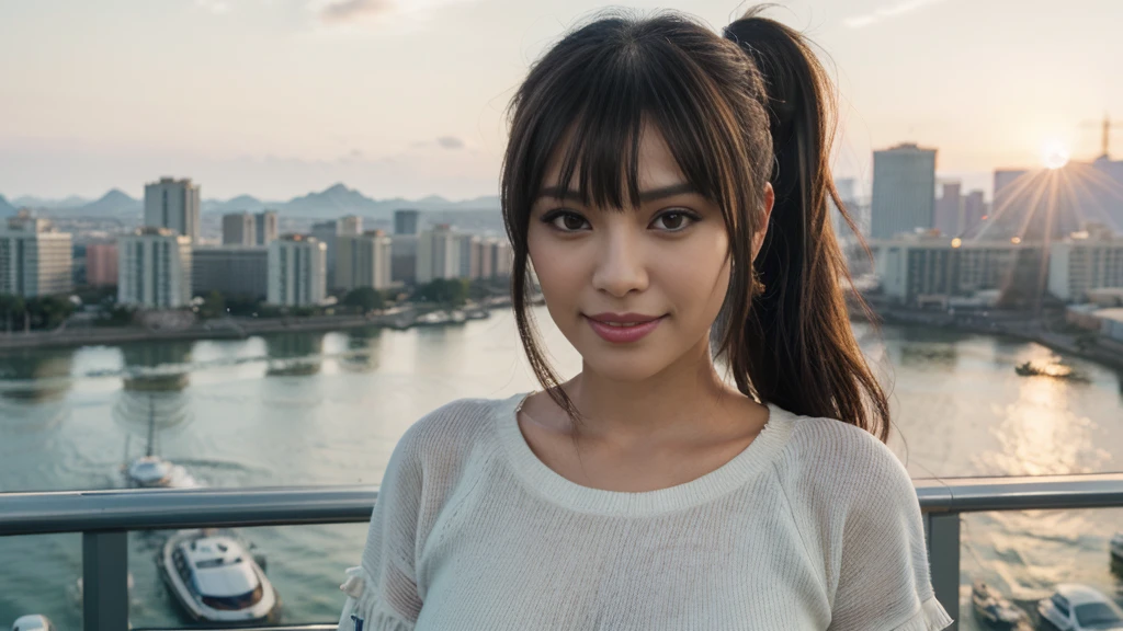 The Sunset City actress is a very beautiful Western adult woman. Sorriso feliz.rosto sexy, (Hair tied in a ponytail),(The bangs are transparent fringes), wears a black sweatshirt (grampo、rabo de cavalo、Cabelo flutuante、),.(super accent: 1.3), use the sunset like lighting, cinematic light, (mesa, maximum quality, ultra high resolution output image,), (8k quality,), (marine art mode 2: 1.3), (UltraHD image mode,)