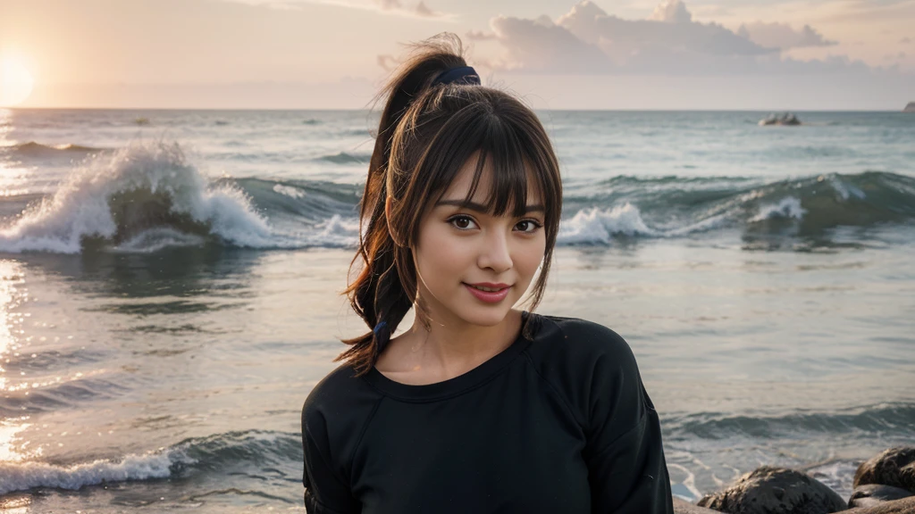 The Sunset City actress is a very beautiful Western adult woman. Sorriso feliz.rosto sexy, (Hair tied in a ponytail),(The bangs are transparent fringes), wears a black sweatshirt (grampo、rabo de cavalo、Cabelo flutuante、),.(super accent: 1.3), use the sunset like lighting, cinematic light, (mesa, maximum quality, ultra high resolution output image,), (8k quality,), (marine art mode 2: 1.3), (UltraHD image mode,)