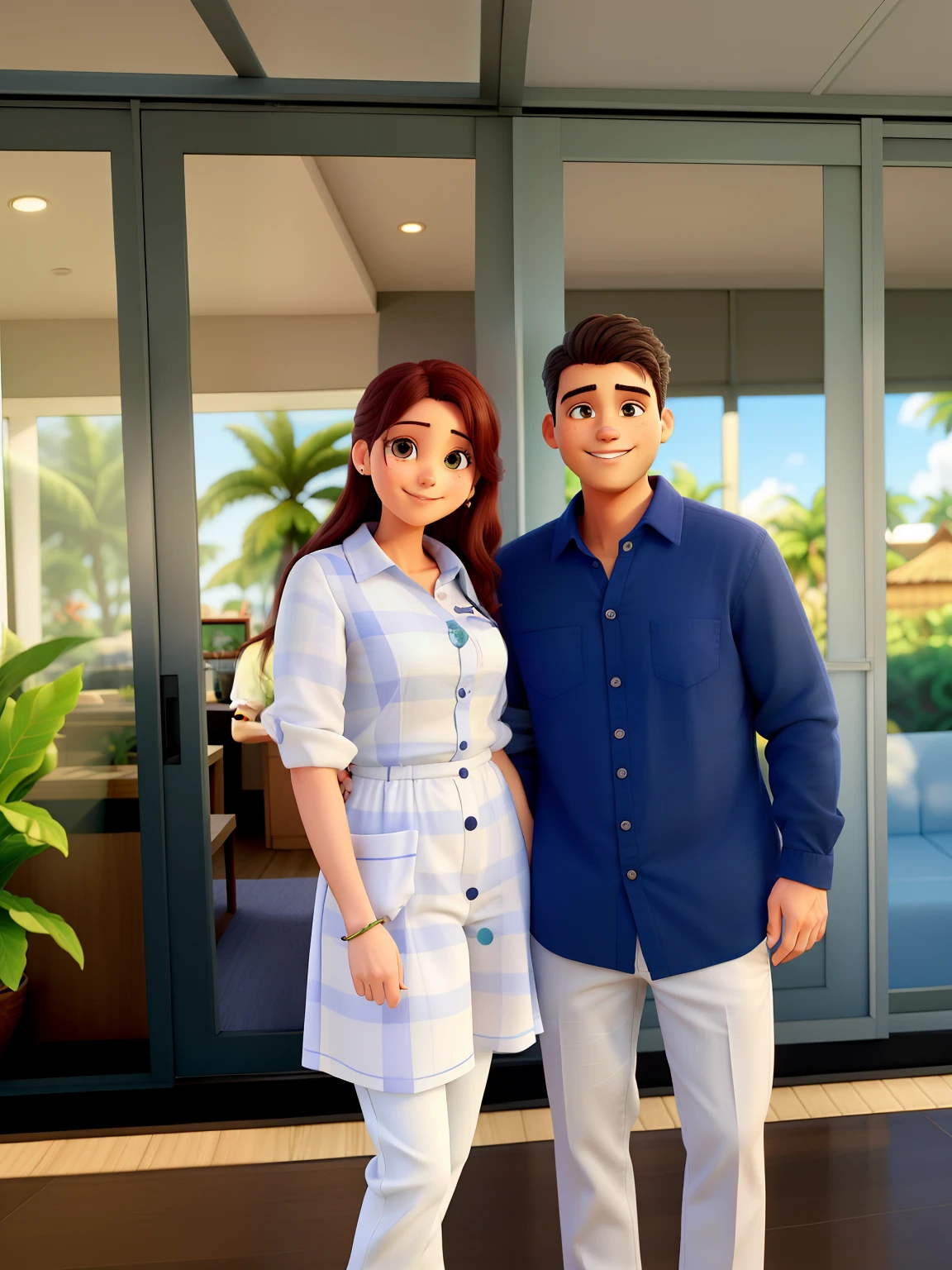 Uma foto mostra um casal sorridente lado a lado em frente a portas de vidro. A mulher usa um vestido bege claro com mangas bufantes e tem cabelos longos e ondulados. The man is dressed in a navy blue button-down shirt and light-colored pants.. Ambos parecem relaxados e felizes, in an open-air setting with greenery visible through the glass doors behind them.