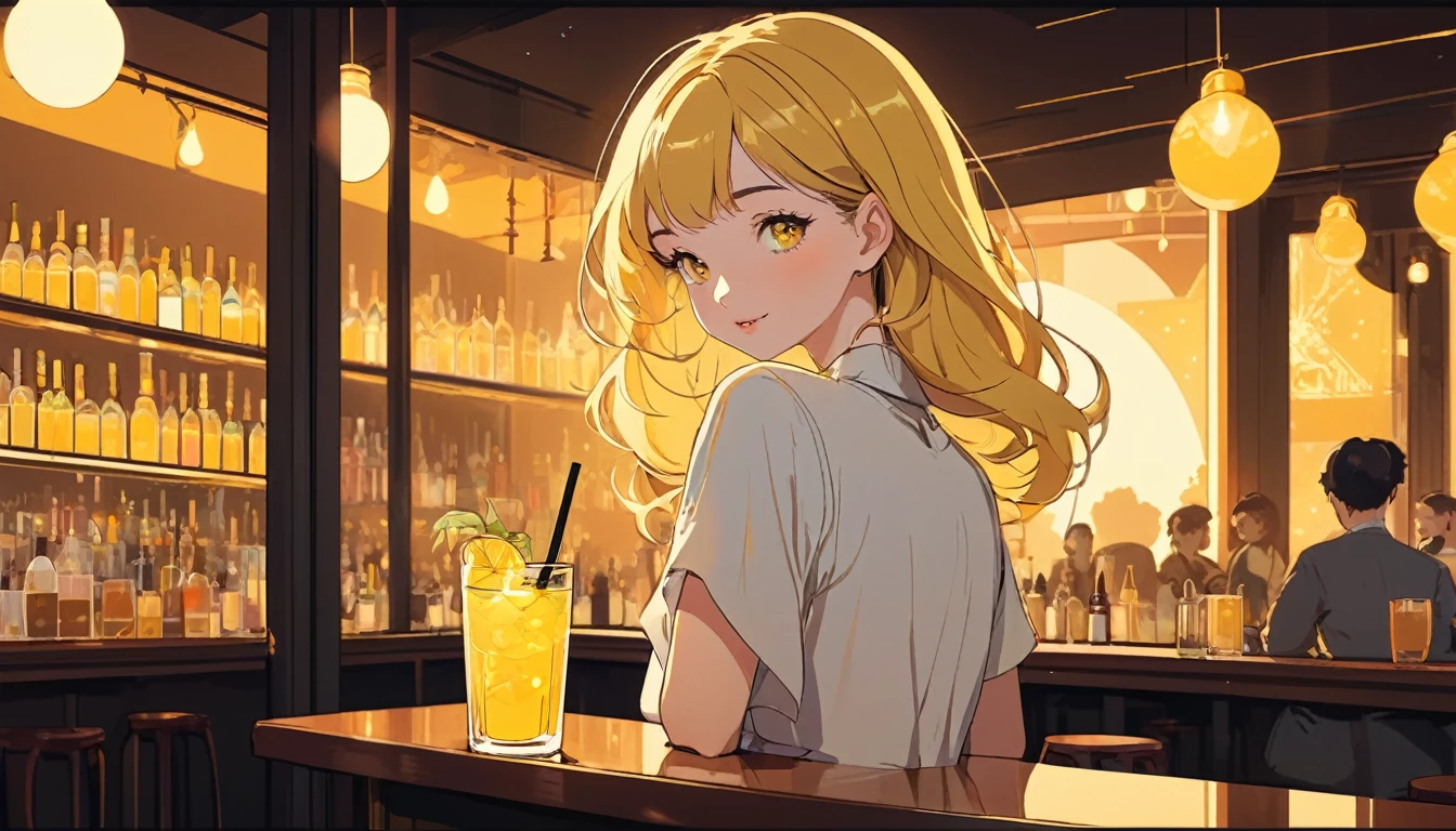 Beautiful woman,Yellow cocktail in a bar, Wide-angle lens, Lofi Anime, Lofi illustration, Aesthetic atmosphere, Lo-Fi Style, Vector art, Flat Design, Simple shape, Warm tones, Pleasant atmosphere, Chill, In anime style, Digital drawing, Vector art, Vector logo for t-shirt printing, (Adorable:1.5), (small:1.4), (Playful:1.2), (soft:1.3), (Whimsical:1.1), masterpiece, Highest quality, 8k, Intricate details, grow, Celestial, Mysterious, Picturesque, amazing, Majestic, Magic, Fantasy art, Cover art, dream-like