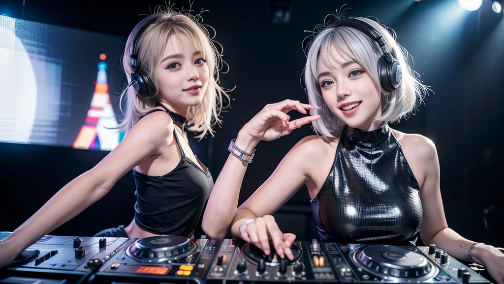 (ultra - detailed, 16K resolution, Cinema lenses, rendering by octane), (high resolution:1.18), intricate detail, (masterpiece:1.1), (highest quality:1.1), (1girl, portrait, white hair, blue eyes, short hair, detailed eyes),Wearing silver DJ headphones, Shiny silver sequined T-shirt, (Iconic hip-hop pop costumes:1.3), Smile while DJing on stage, full body shot of, The spotlight shines on the female DJ. Photorealistic photography by Disco Lighting, (cute round face:1.3), perfect fingers, five fingers, beautiful hands, perfect hands. master peace, cute smile.