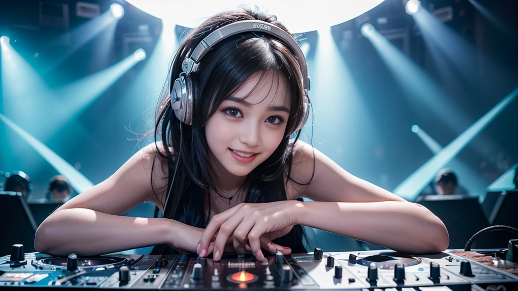 (ultra - detailed, 16K resolution, Cinema lenses, rendering by octane), (high resolution:1.18), intricate detail, (masterpiece:1.1), (highest quality:1.1), (1girl, portrait, white hair, blue eyes, short hair, detailed eyes),Wearing silver DJ headphones, Shiny silver sequined T-shirt, (Iconic hip-hop pop costumes:1.3), Smile while DJing on stage, full body shot of, The spotlight shines on the female DJ. Photorealistic photography by Disco Lighting, (cute round face:1.3), perfect fingers, five fingers, beautiful hands, perfect hands. master peace, cute smile.