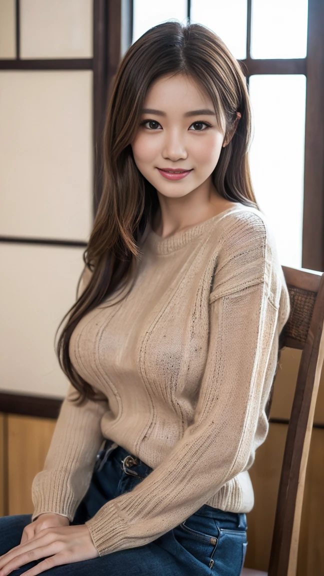 (8k、 Highest quality、 masterpiece、 Realistic、 Very detailed:1.3)、(Photorealistic:1.2)、((Long knit sweater))、((Beautiful Japanese Women))、One Woman、Light brown hair、Big Breasts、Smart Body、Laughter、Very detailedな顔、Detailed eyes、(Sitting in a chair)