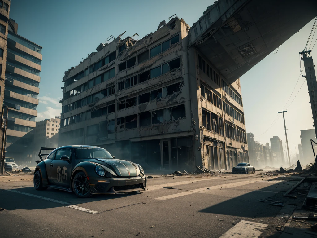 (Best quality,4k,A high resolution,masterpiece:1.2),racing muscle car "new beetle",ruin,Science fiction,futuristic, Cinematic lighting, chiaroscuro,ray tracing,very detailed, high quality, Mirai, color contrast, atmospheric, dystopian, urban, bright colors, Broken glass, dramatic shadows, Crumbling buildings, futuristic technology, Dynamic composition, Blur, urban decay, Dynamic perspective, exciting atmosphere, post-apocalyptic, abandoned, reflections, capricious, intensive, a secret, Advanced design, Smooth lines, Powerful engine, speed, Danger, adrenaline rush