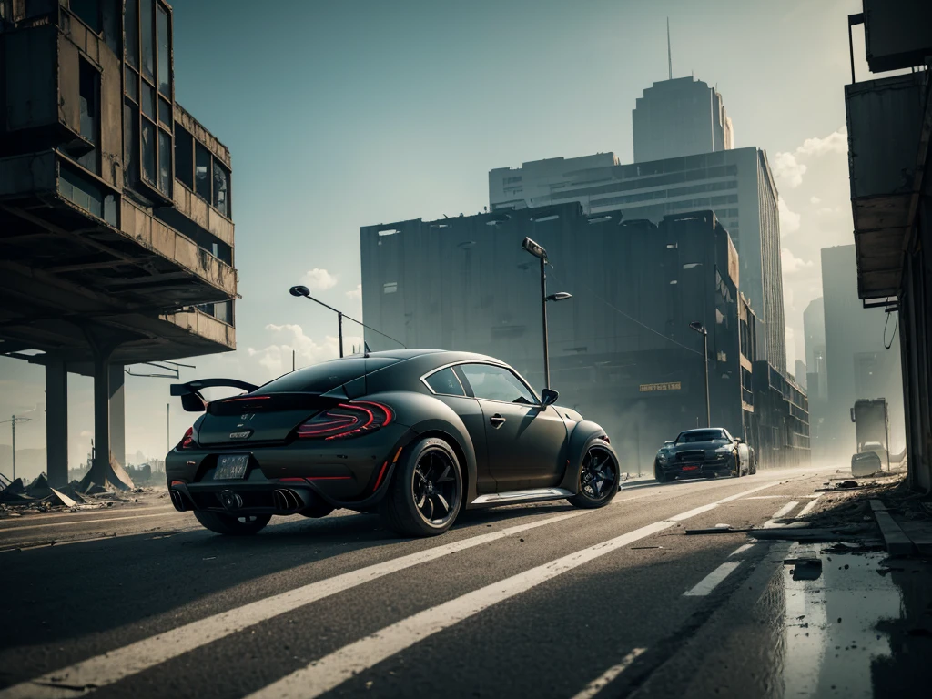 (Best quality,4k,A high resolution,masterpiece:1.2),racing muscle car "new beetle",ruin,Science fiction,futuristic, Cinematic lighting, chiaroscuro,ray tracing,very detailed, high quality, Mirai, color contrast, atmospheric, dystopian, urban, bright colors, Broken glass, dramatic shadows, Crumbling buildings, futuristic technology, Dynamic composition, Blur, urban decay, Dynamic perspective, exciting atmosphere, post-apocalyptic, abandoned, reflections, capricious, intensive, a secret, Advanced design, Smooth lines, Powerful engine, speed, Danger, adrenaline rush