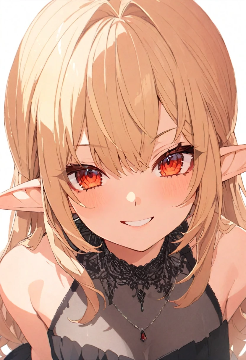 (masterpiece), (best quality), perfect face, beautiful girl, white background background, delicate and beautiful face and eyes, dark intense shadow, 
1 girl, vtuber style, cool girl, hololive, Shiranui Flare, Elf ears, blond hair, evening dress, long skirt dress, Gorgeous evening dress Ruffles dress, lace, necklace, big chest, cropped shoulders, clavicle, winking, smile, body visible through clothes, chest visible through clothes, ass visible through thighs, High heel, (full body), looking at viewer, standing, 