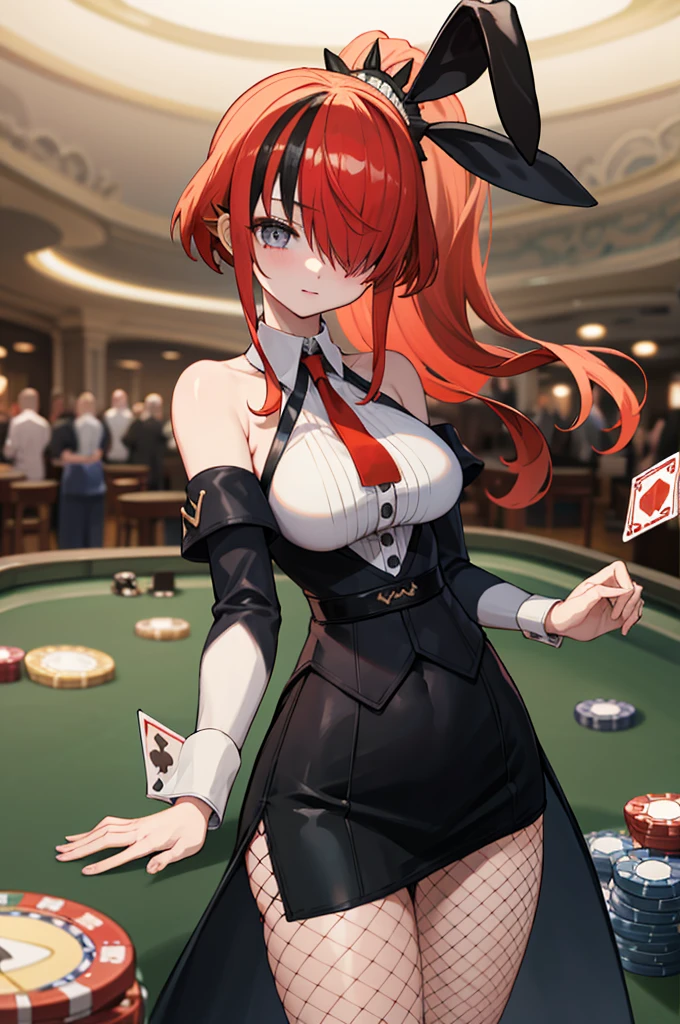 masterpiece, best quality, highres, hmlain, long hair, ponytail, streaked hair, hair over one eye, rabbit ears,  large breasts, bare shoulders, white shirt, collared shirt, red necktie, detached sleeves, black skirt, miniskirt, fishnet pantyhose, standing, cowboy shot, casino,