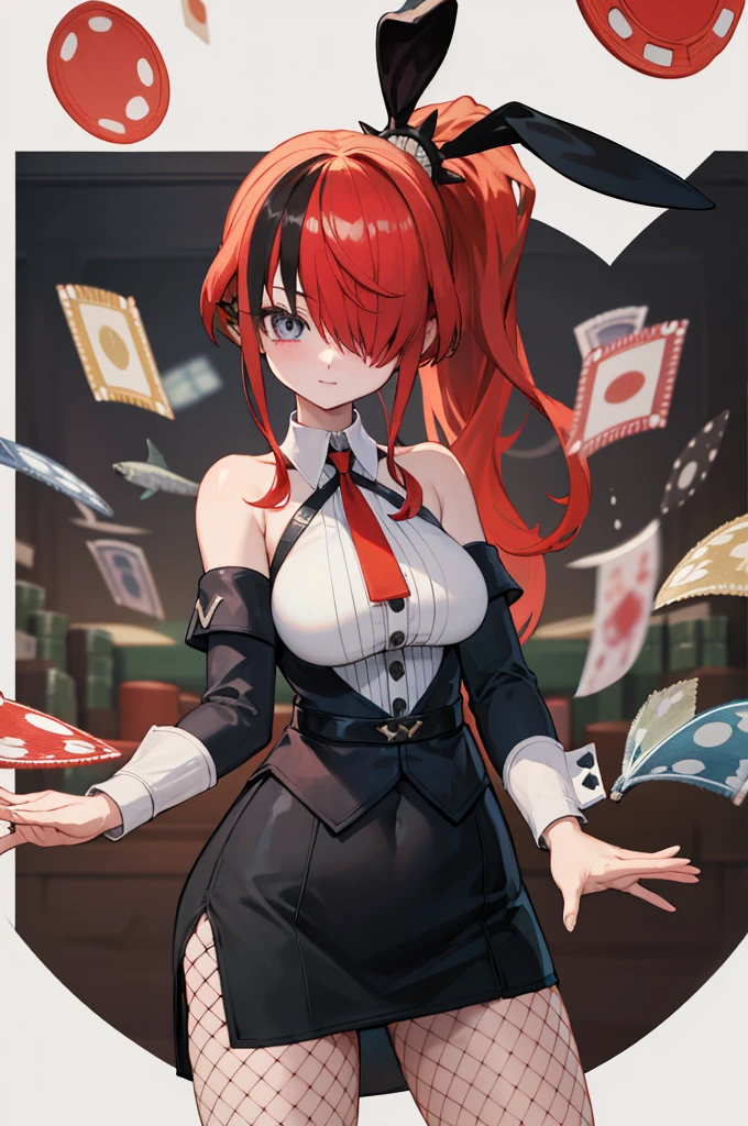 masterpiece, best quality, highres, hmlain, long hair, ponytail, streaked hair, hair over one eye, rabbit ears,  large breasts, bare shoulders, white shirt, collared shirt, red necktie, detached sleeves, black skirt, miniskirt, fishnet pantyhose, standing, cowboy shot, casino,