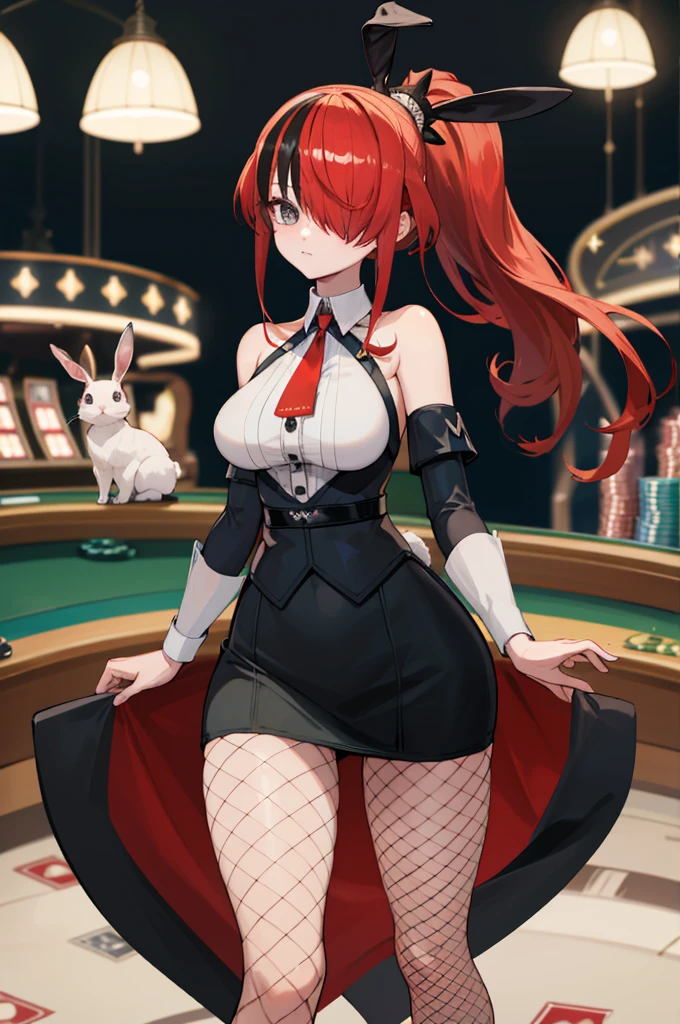 masterpiece, best quality, highres, hmlain, long hair, ponytail, streaked hair, hair over one eye, rabbit ears,  large breasts, bare shoulders, white shirt, collared shirt, red necktie, detached sleeves, black skirt, miniskirt, fishnet pantyhose, standing, cowboy shot, casino,