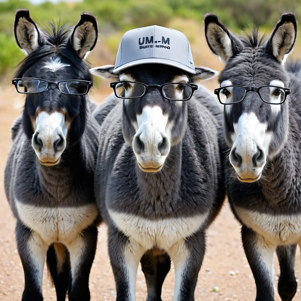 Cinco burros juntos, animais, one wearing a gray cap, one wearing prescription glasses, um de cabelo preto comprido e os outros dois normais