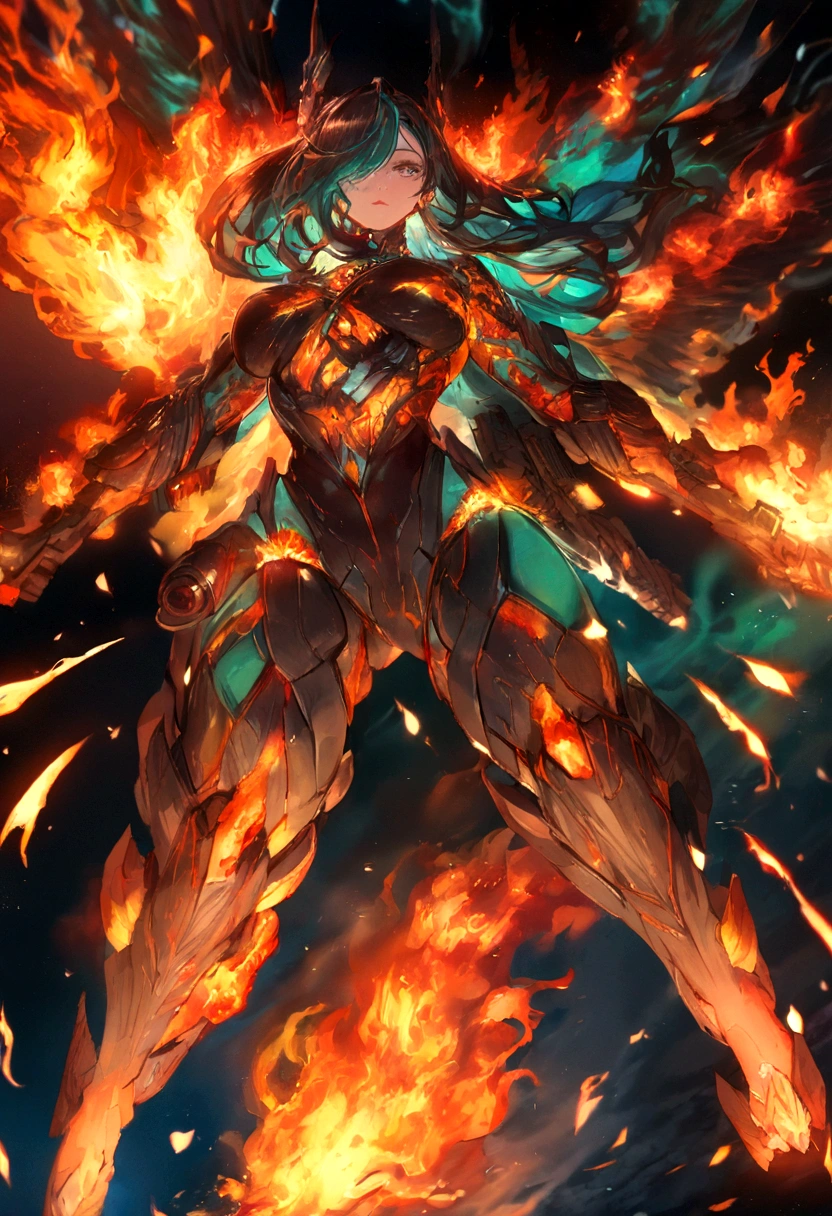 A female fire elemental that looks like The Human Torch flying through space, using flames to combat a star fighter ship.