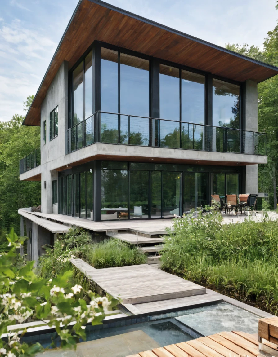Imagine a contemporary home, where steel, wood and light gray concrete harmonize perfectly. Brise-brise style windows, allowing natural light to dance through the space while maintaining privacy. From the spacious deck, the view opens up to a large, serene lake, reflecting the blue sky and surrounding trees. It's a spring afternoon, the gentle breeze carries the scent of flowers and the peaceful sound of water. The space is welcoming and relaxing, ideal for enjoying a good book or a coffee, in complete harmony with nature. Photography, Hyperrealism style