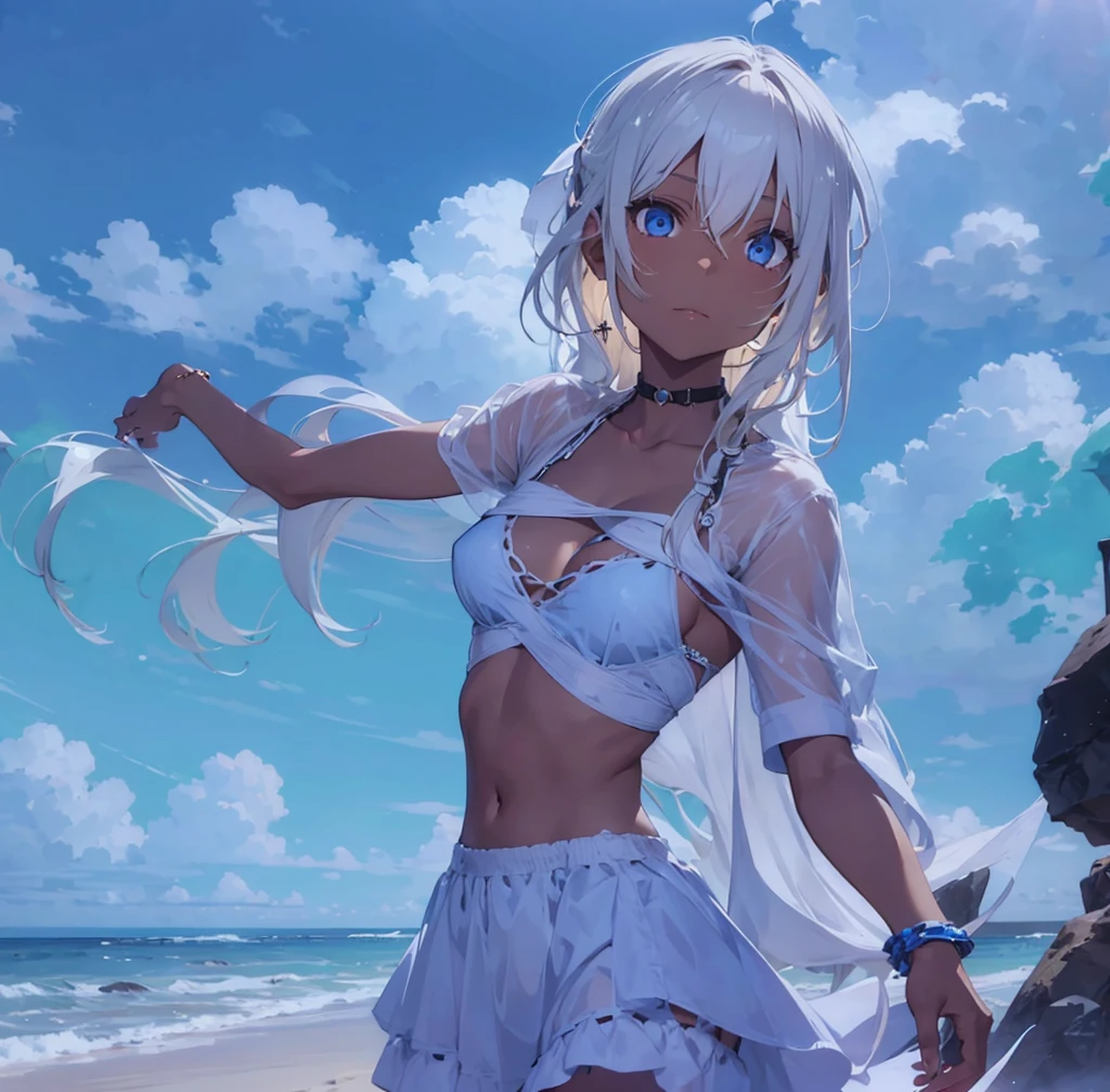 a woman with long blonde hair is standing on a beach by the sea, 1girl, solo, dark skin, dark-skinned female, light armor , blue eyes, jewelry, bikini, white hair