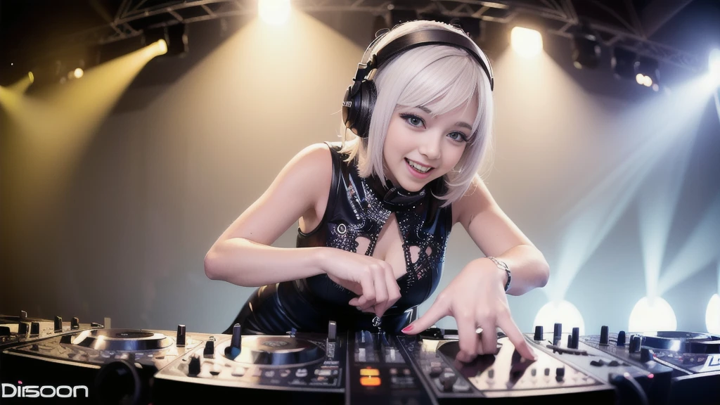 (ultra - detailed, 16K resolution, Cinema lenses, rendering by octane), (high resolution:1.18), intricate detail, (masterpiece:1.1), (highest quality:1.1), (1girl, portrait, white hair, blue eyes, short hair, detailed eyes),Wearing silver DJ headphones, Shiny silver sequined T-shirt, (Iconic hip-hop pop costumes:1.3), Smile while DJing on stage, full body shot of, The spotlight shines on the female DJ. Photorealistic photography by Disco Lighting, (cute round face:1.3), perfect fingers, five fingers, beautiful hands, perfect hands. master peace, cute smile.