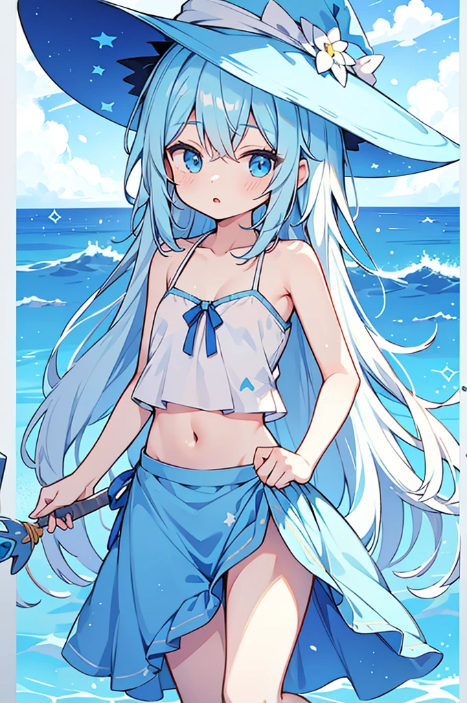 hyper cute shota,light blue witch hat,light blue loose long hair,
tank-top-bikini,