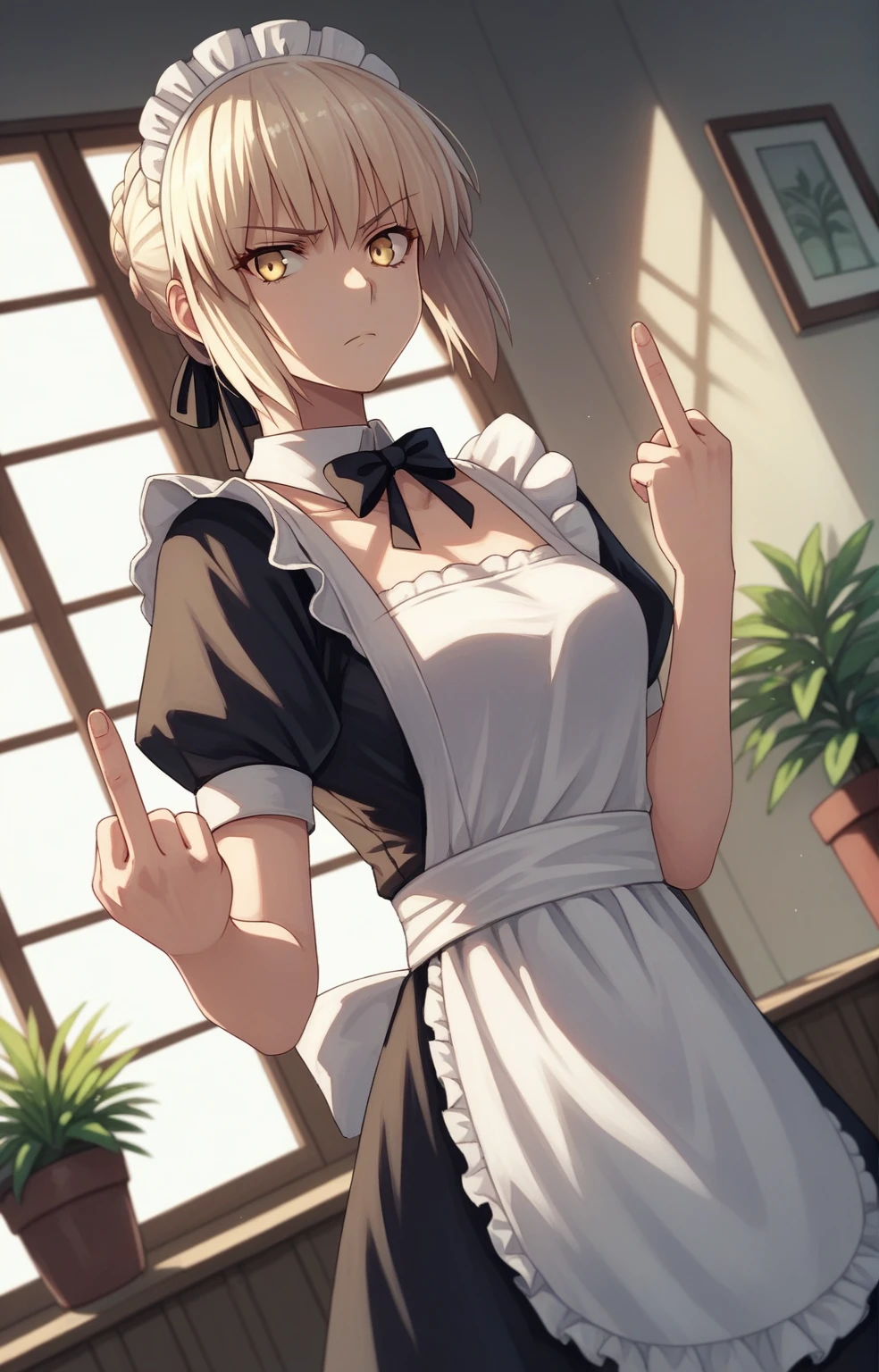 score_9, score_8_up, score_7_up, score_6_up, score_5_up, score_4_up, BREAK source_anime, 1girl, clothed, saber alter, indoors, potted plant, window, sunlight, by kasumi \(skchkko\), looking at viewer, serious, dutch angle, maid uniform, braid, double middle finger,