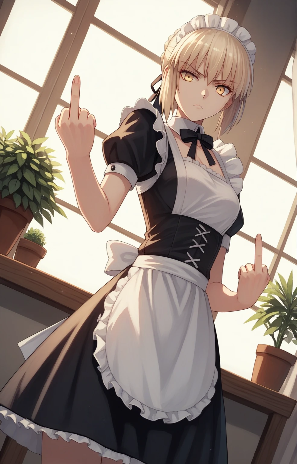 score_9, score_8_up, score_7_up, score_6_up, score_5_up, score_4_up, BREAK source_anime, 1girl, clothed, saber alter, indoors, potted plant, window, sunlight, by kasumi \(skchkko\), looking at viewer, serious, dutch angle, maid uniform, braid, double middle finger,