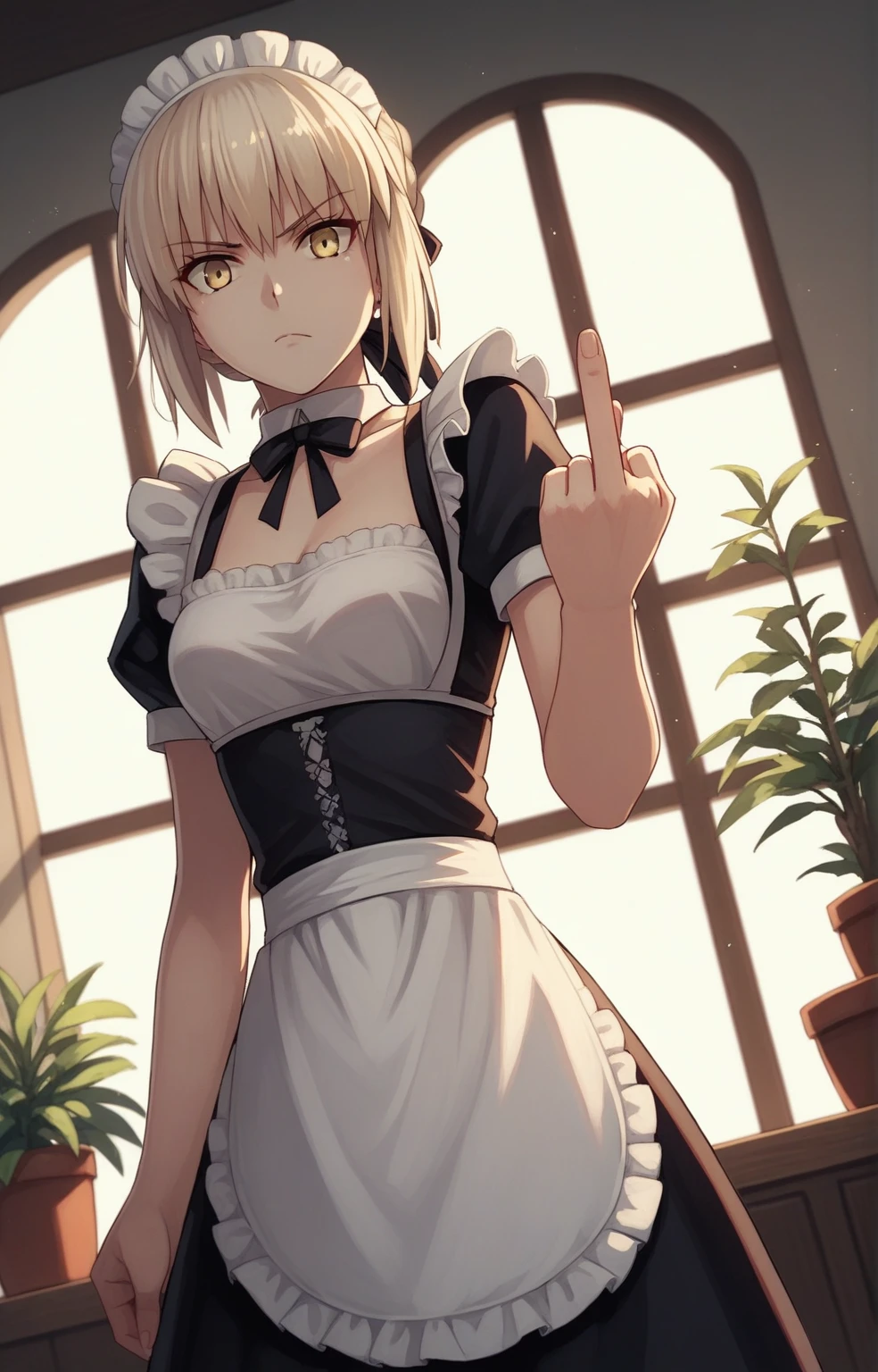 score_9, score_8_up, score_7_up, score_6_up, score_5_up, score_4_up, BREAK source_anime, 1girl, clothed, saber alter, indoors, potted plant, window, sunlight, by kasumi \(skchkko\), looking at viewer, serious, dutch angle, maid uniform, braid, double middle finger,