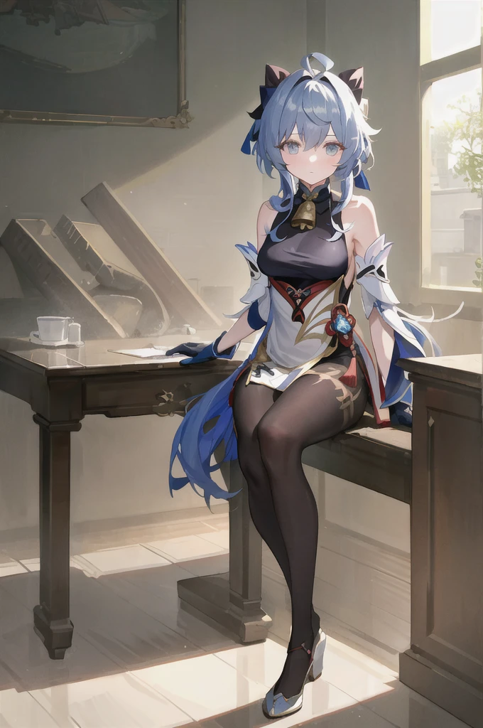 (photoPractical:1.4), (masterpiece, Side Light, Delicate and beautiful eyes: 1.2), masterpiece*portrait, Practical, 3d face, 
employment \(Genshin Impact\), 1 Girl, Ahog, architecture, Bangs, Bare shoulders, bell, black Gloves, Black pantyhose, (Blue Hair), blush, breast, Chinese knot, Separate sleeves, Rosette, Gloves, trumpet, Long hair, Looking at the audience, medium breast, neck bell
