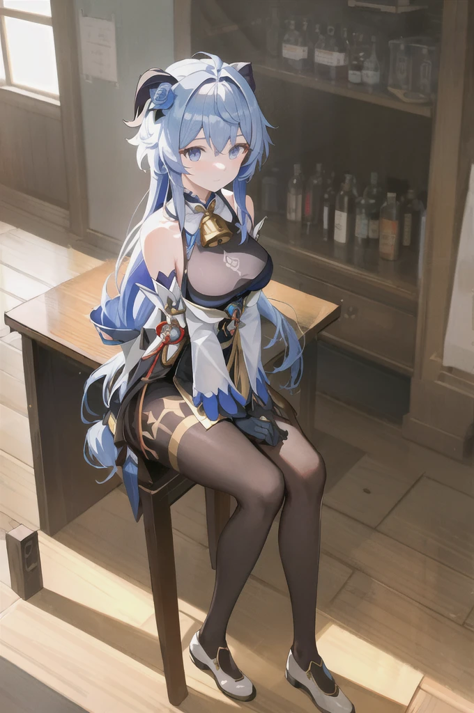 (photoPractical:1.4), (masterpiece, Side Light, Delicate and beautiful eyes: 1.2), masterpiece*portrait, Practical, 3d face, 
employment \(Genshin Impact\), 1 Girl, Ahog, architecture, Bangs, Bare shoulders, bell, black Gloves, Black pantyhose, (Blue Hair), blush, breast, Chinese knot, Separate sleeves, Rosette, Gloves, trumpet, Long hair, Looking at the audience, medium breast, neck bell
