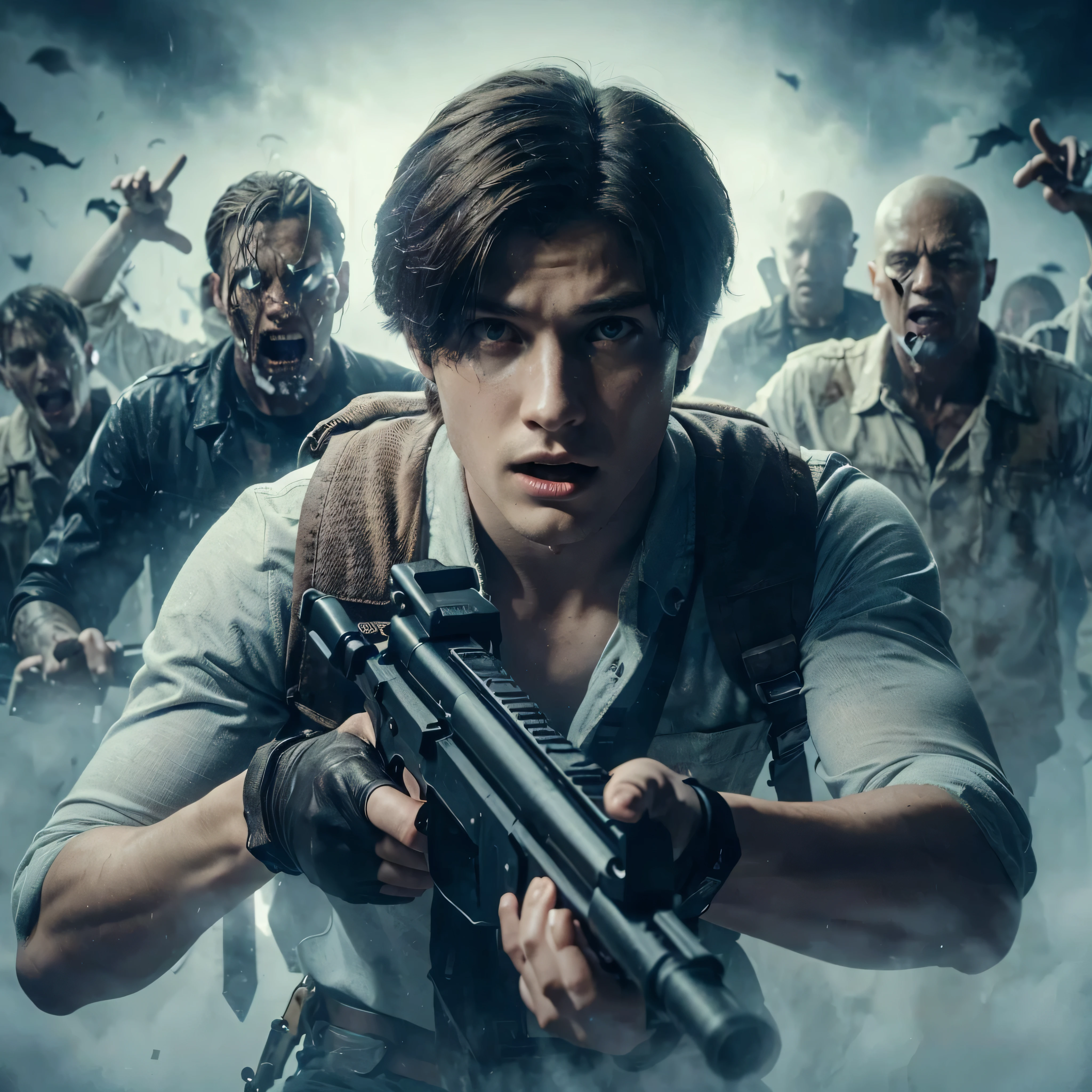 a young man who looked like Leon Scott Kennedy in Resident Evil, holding arctic marksman weapon, chased by ghosts like zombies, epic movie scene, dramatic