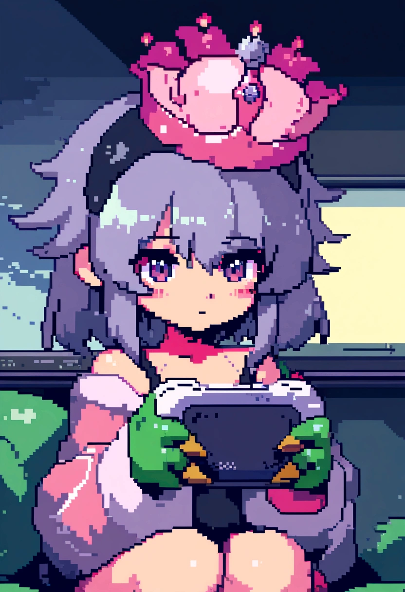 Pixel art,Highest quality, masterpiece, Ultra-high resolution, Very detailed, Girl playing games, body, Anime illustration, Keyframe illustration, Digital anime art, Lo-fi Girl,, Anime-style illustrations, Lofi Art Style, Anime illustration,16:9