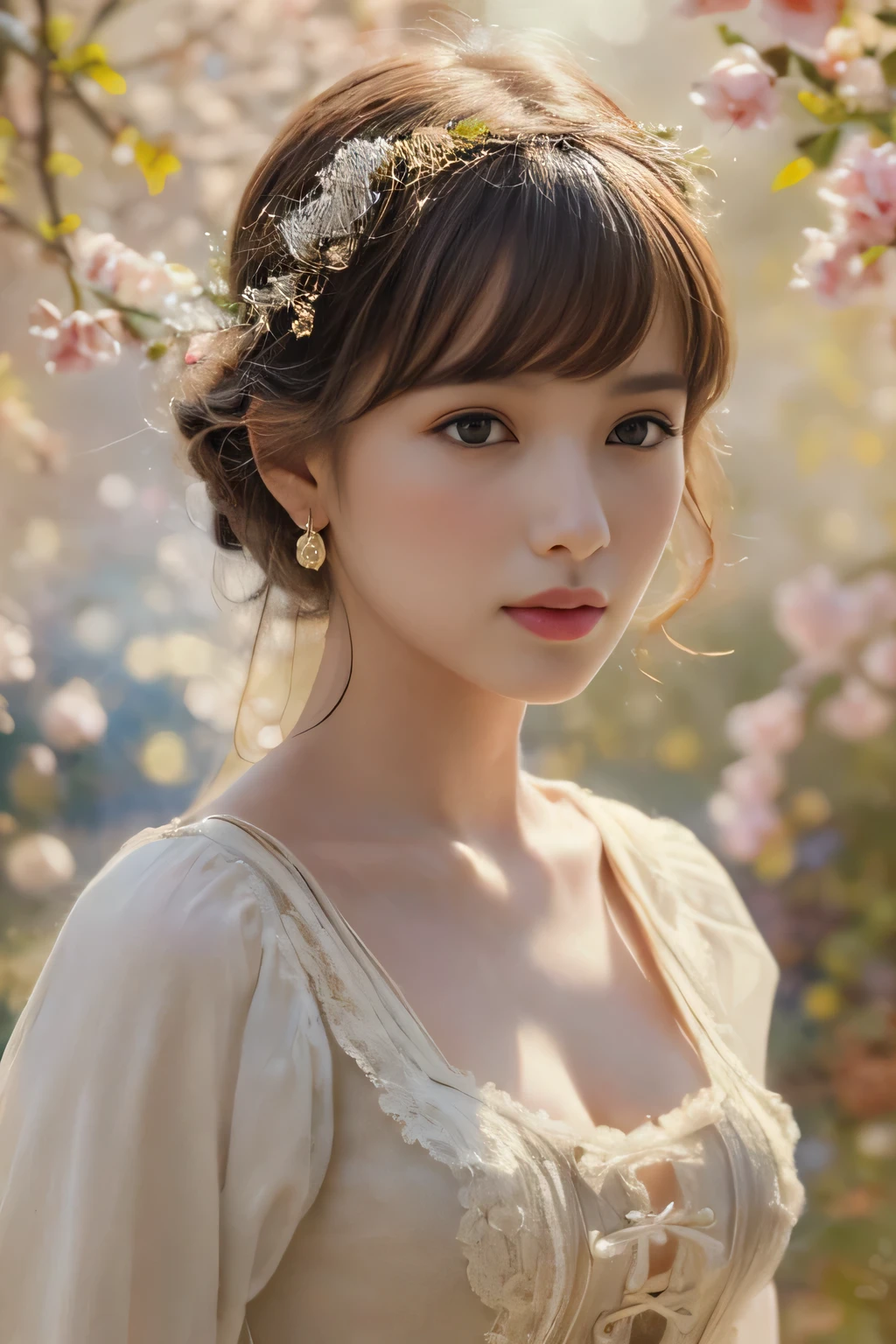 
((masterpiece:1.4, Highest quality)), (Realistic photos:1.4), 
((1 girl)), (Otherworldly beauty), (dream-like),
(超High resolution:1.2), Very delicate and beautiful, wonderful, Very detailed CG Unity 8k wallpaper, Very detailed, High resolution, 
Soft Light, Beautiful detailed girl, Very detailedな目と顔, Beautiful and detailed nose, Beautiful and detailed, 
(Dressed in late 19th century French costume:1.3),
Cinema Lighting, Perfect Anatomy, Slender body, (Parted bangs),
(With the Impressionist masterpiece as a backdrop:1.5), (Impressionist light and colour), 
Cowboy Shot