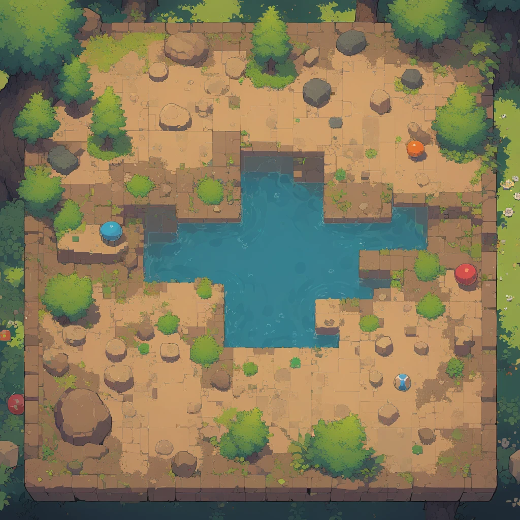 retro video game style,pixelated graphics,vibrant colors,8-bit characters,blocky shapes,sharp lines,detailed shading,classic gaming vibe,nostalgic atmosphere,classic arcade games,masterpiece:1.2,ultra-detailed,illustration style, 2d texture, clay texture, stone texture, 4 k seamless mud texture, video game texture, dirt texture, clay material, flat texture, grass, trees, rock texture, rocky ground, forest, topdown view, game texture, game art, ground very detailed, dirt, floor texture, tileable texture, flowers, bushes, shrubs, intricate ground stone, top down view, 3/4th perspective