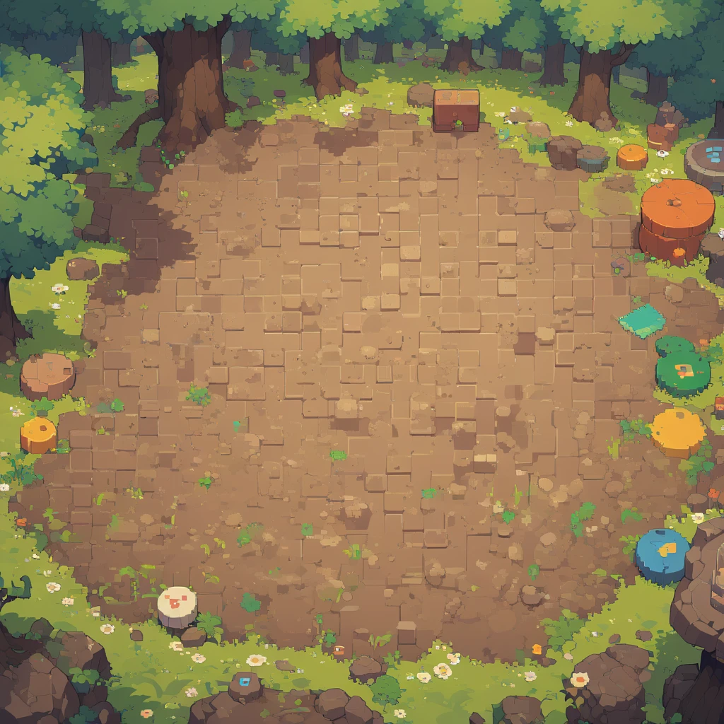 retro video game style,pixelated graphics,vibrant colors,8-bit characters,blocky shapes,sharp lines,detailed shading,classic gaming vibe,nostalgic atmosphere,classic arcade games,masterpiece:1.2,ultra-detailed,illustration style, 2d texture, clay texture, stone texture, 4 k seamless mud texture, video game texture, dirt texture, clay material, flat texture, grass, trees, rock texture, rocky ground, forest, topdown view, game texture, game art, ground very detailed, dirt, floor texture, tileable texture, flowers, bushes, shrubs, intricate ground stone, top down view, 3/4th perspective