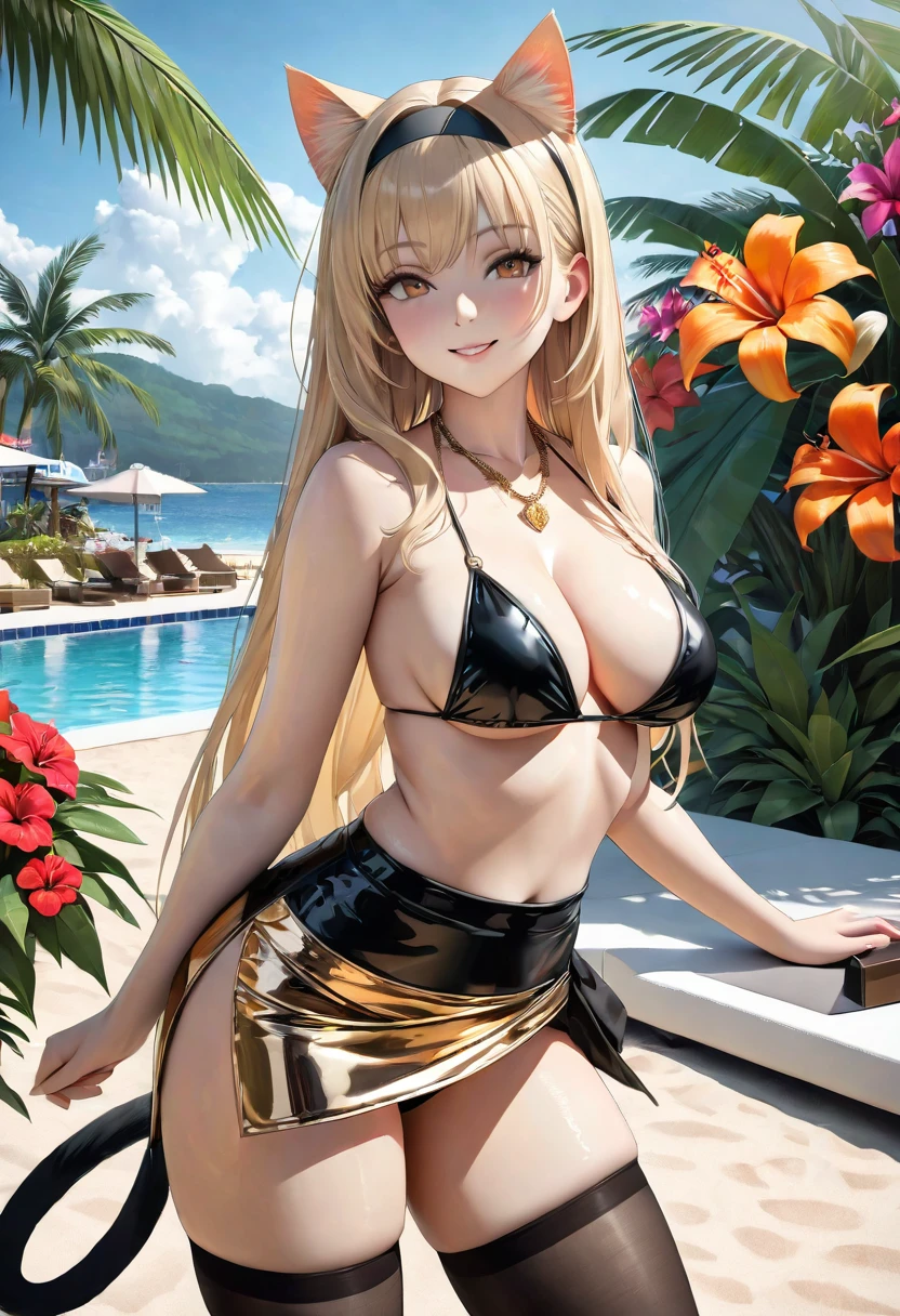 ((masterpiece, 8K, photorealistic, Raw photo, best quality, ultra high resolution)), (side view:1.3), (Decorated with tropical flowers, Sunny coastal resort),(1 girl), (solo), (Beautiful face with perfect symmetry:1.2), (wonderful smile:1.2), (perfect anatomy), (high detail skin: 1.3), (natural breasts:1.2), Highest quality, masterpiece, Incredibly absurd resolution, High resolution, Super detailed, (Beautiful blonde long hair, Glossy paper quality, Black headband, Cat ear, Golden Necklace, Medium natural breasts, Beautiful cleavage is visible, Black leather bikini swimsuit, Cat Tail, Wrap skirt with slit in front, Gold metallic wrap skirt, Black Stockings, High heels, Standing pose showing the whole body from the side:1.3), cute, shape, (Decorated with tropical flowers:1.6), (Sunny coastal resort, Sandy beach background:1.2),