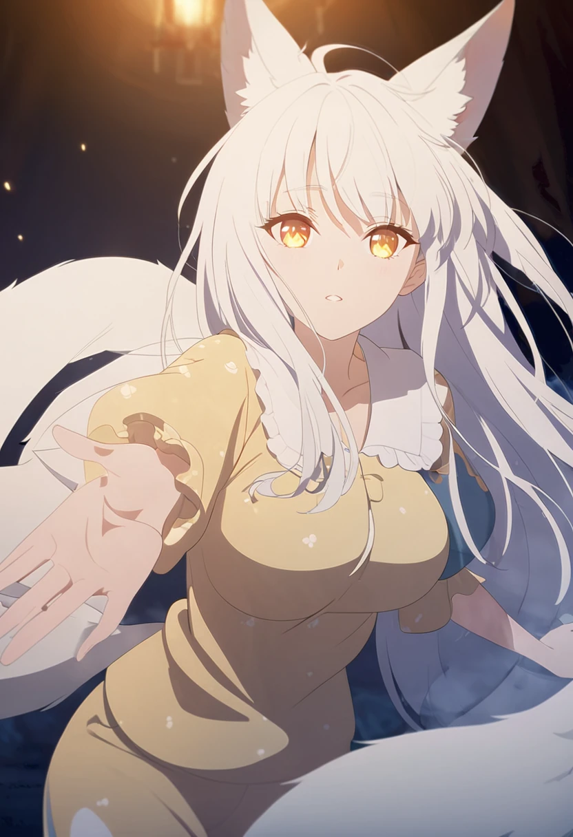 1girl, beautiful white kitsune, long white kitsune ears, multiple white kitsune tails, blue and yellow pajama, anime style, yellow eyes, big breasts, extremely detailed eyes and face, high quality, 8K, soft lighting, cinematic lighting, fantasy, magical, ethereal