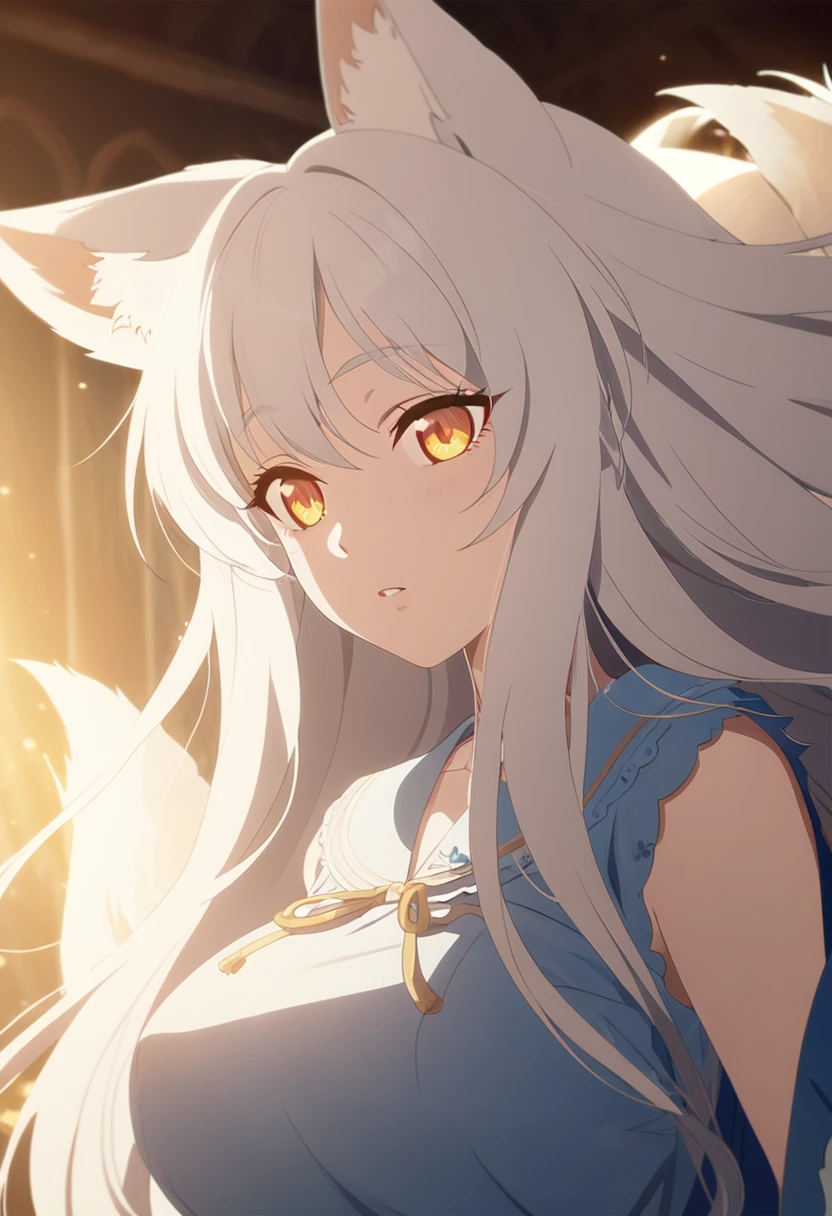 1girl, beautiful white kitsune, long white kitsune ears, multiple white kitsune tails, blue and yellow pajama, anime style, yellow eyes, big breasts, extremely detailed eyes and face, high quality, 8K,  soft lighting, cinematic lighting, fantasy, magical, ethereal