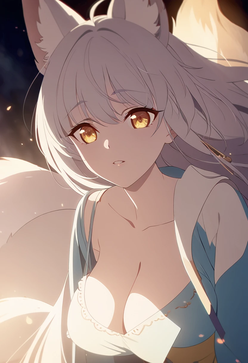 1girl, beautiful white kitsune, long white kitsune ears, multiple white kitsune tails, blue and yellow pajama, anime style, yellow eyes, big breasts, extremely detailed eyes and face, high quality, 8K,  soft lighting, cinematic lighting, fantasy, magical, ethereal