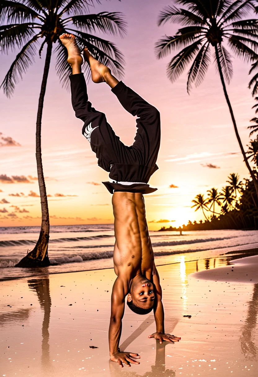 A bboy in the freeze position upside down with his legs crossed with just one arm on the beach with coconut trees around him with the sunset in the background