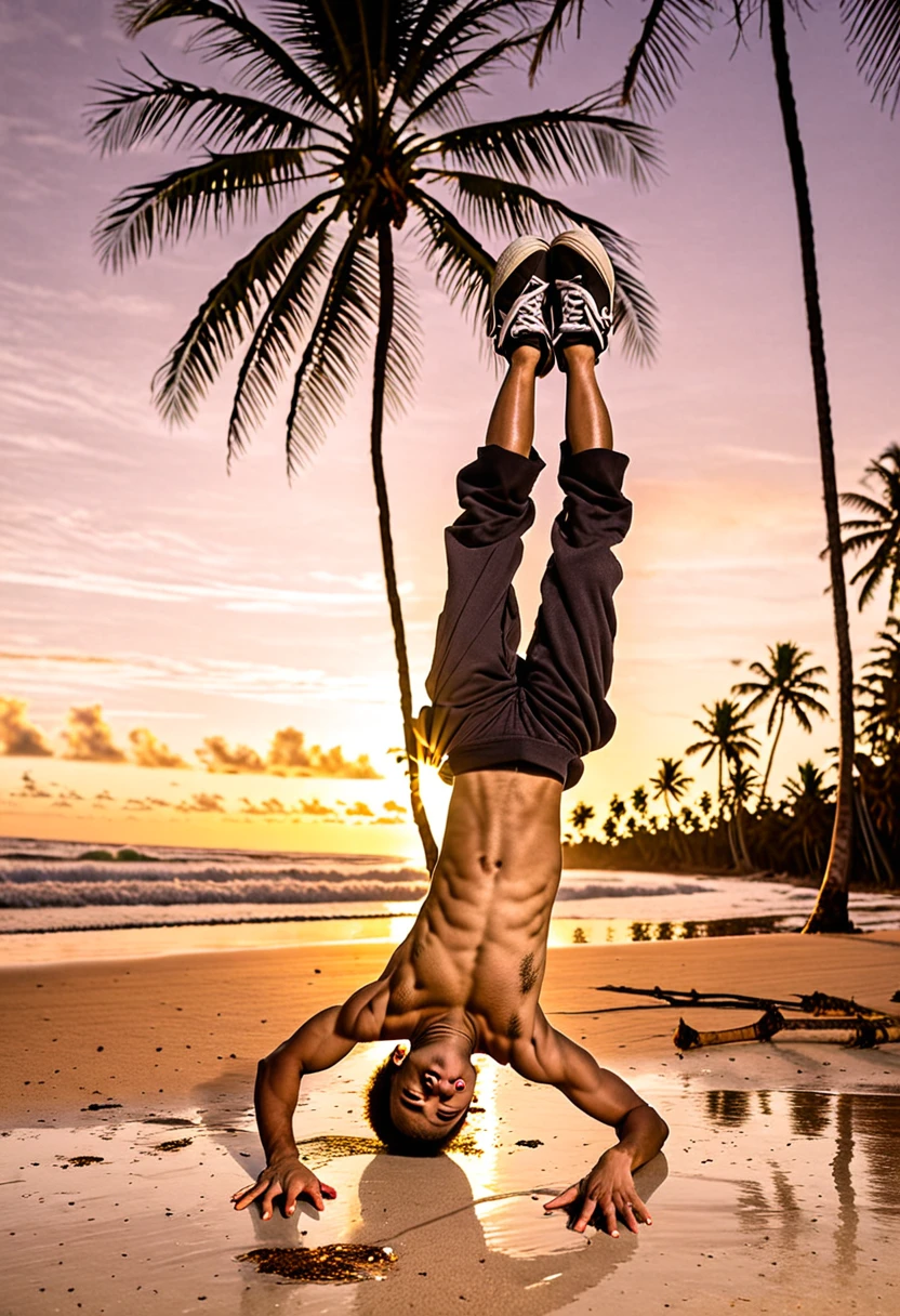 A bboy in the freeze position upside down with his legs crossed with just one arm on the beach with coconut trees around him with the sunset in the background