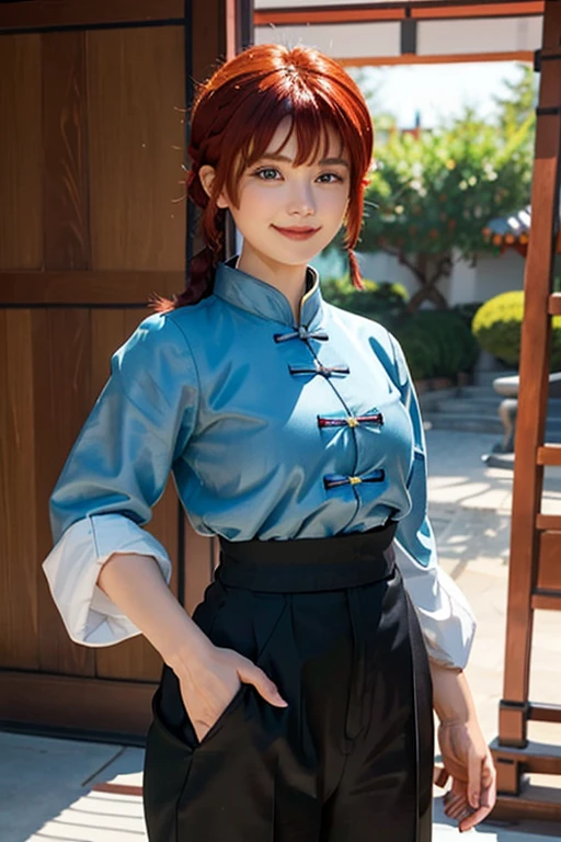 One Girl, Beautiful girl with beautiful details, 1 Girl, (Ranma), (Redhead), short hair, (Braided Ponytail), ((bangs)), bangs, Blue-gray eyes, Curvy, Black Wristband, Ranma, Braided Ponytail, Chinese clothing, No sleeve, Tangzhuang, Black trousers, Camel Toe, Are standing, Upper Body, Front view, smile,