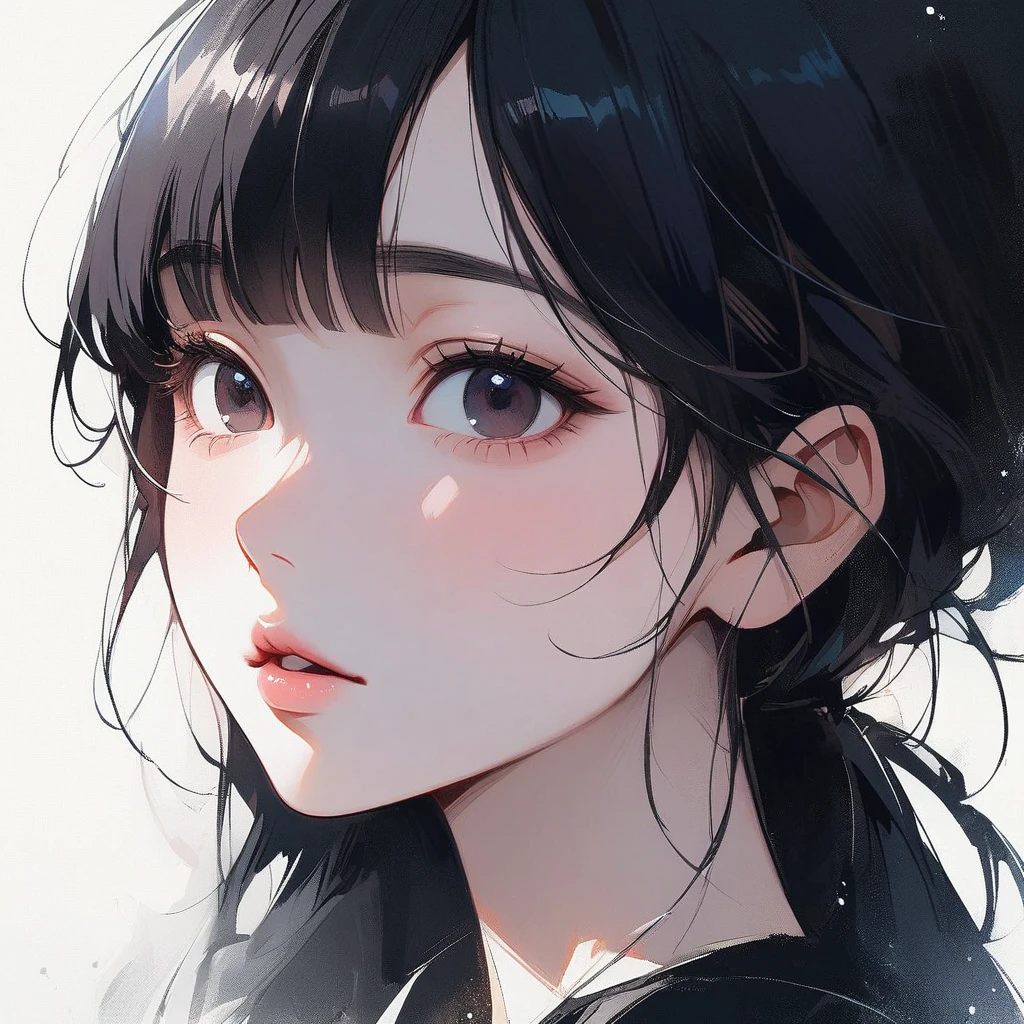Woman, slim, pale, pure, simple, white background, face close-up, black hair, black eyes, straight bangs, asian eyes, slanted eyes, small eyes, narrow eyes, Chinese eyes, buns, ethereal, lipgloss, mouth wide open, innocent, adorable