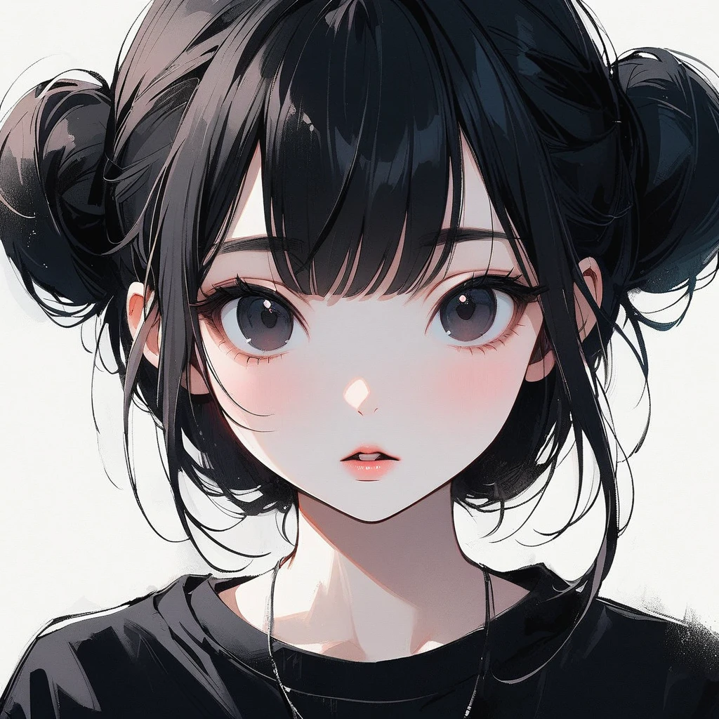 Woman, slim, pale, pure, simple, white background, face close-up, black hair, black eyes, straight bangs, asian eyes, slanted eyes, small eyes, narrow eyes, Chinese eyes, buns, ethereal, lipgloss, mouth wide open, innocent, adorable