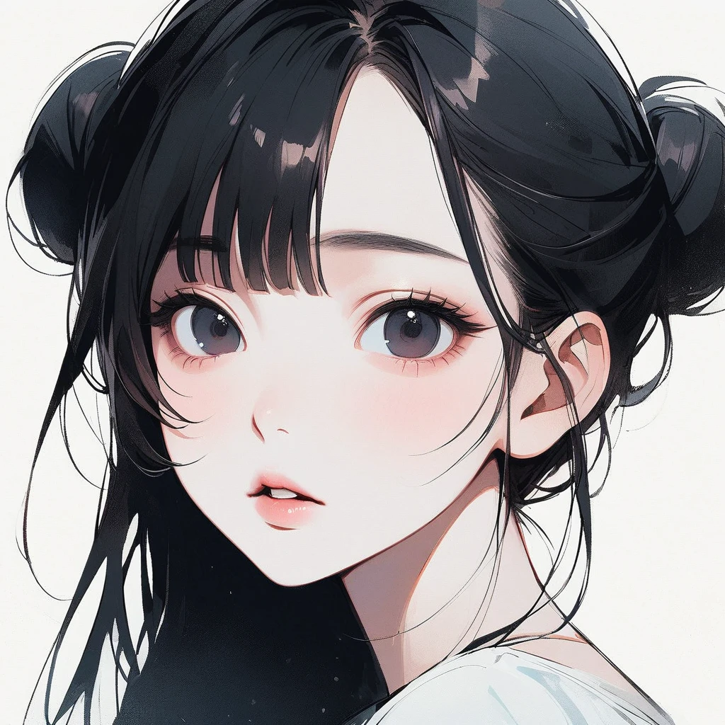 Woman, slim, pale, pure, simple, white background, face close-up, black hair, black eyes, straight bangs, asian eyes, slanted eyes, small eyes, narrow eyes, Chinese eyes, buns, ethereal, lipgloss, mouth wide open, innocent, adorable