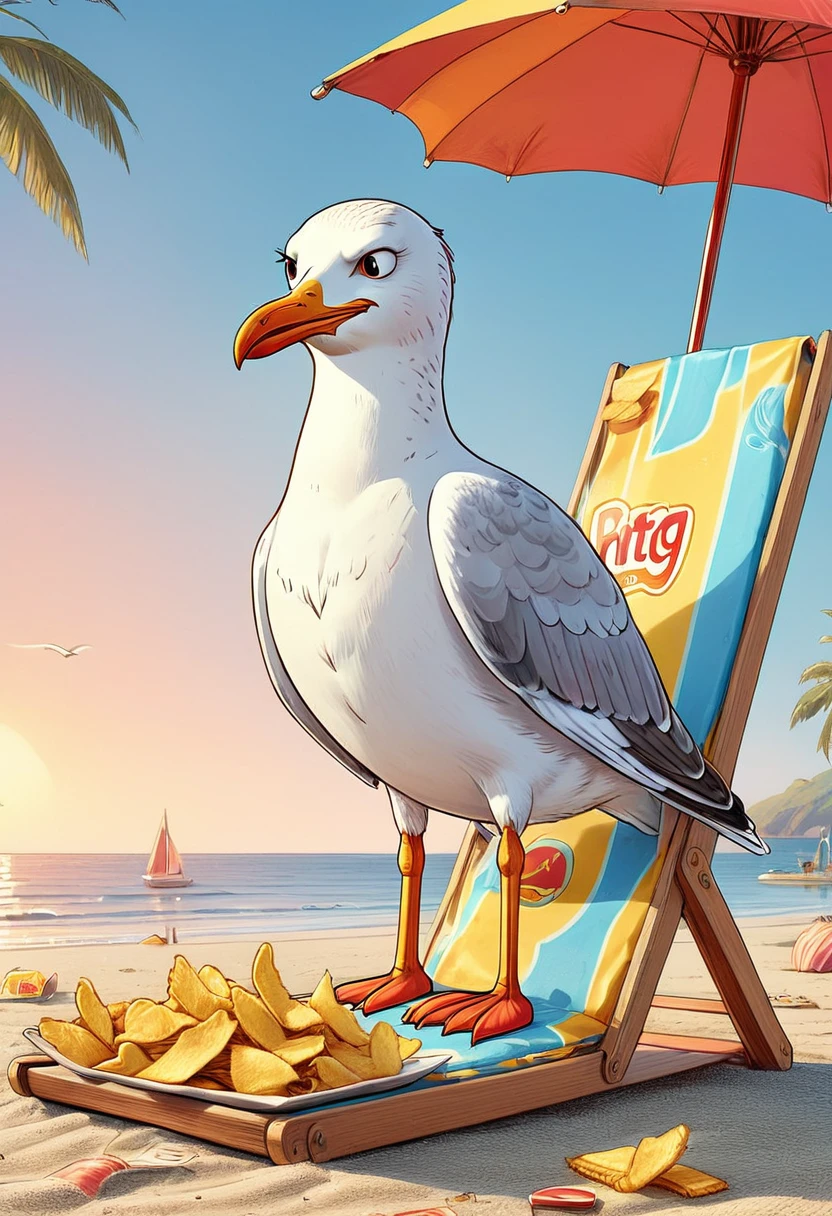 ((well-defined cartoon style:1.4)), ((a seagull sitting cross-legged, (simulating a human), on a beach lounger, eating chips, under an umbrella on the beach funny satirical image:1.5)), colorful, vibrant colors, bright lighting, detailed character design, whimsical, imaginative, (best quality, 4k, 8k, high resolution, Masterpiece:1.2), ultra detailed,(realistic,photorealistic,photo-realistic:1.37),highly detailed,dynamic composition,3d rendering,8k,studio lighting,sharp focus,vivid colors,magical realism