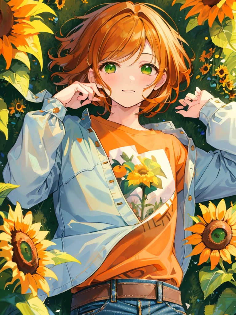 masterpiece、Highest quality、Super detailed、Very delicate、solo、One boy、1 male、(Orange brown hair:1.25),(Fluffy hair:1.2),(short hair:1.2),(Center parted bangs),sunflower,(Green Eyes:1.4),(blush)、smile,(Long sleeve shirt:1.25),(denim:1.35),